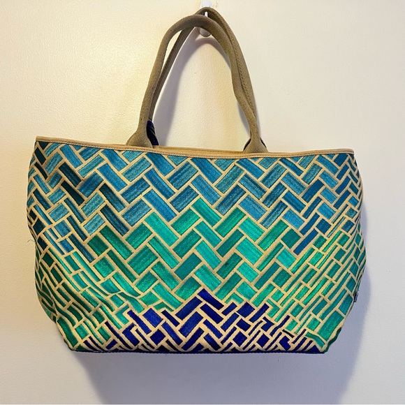Cole Haan early 2000s pre-loved Embroidered Blue and Green Gradient Shoulder Bag - Picture 9 of 12